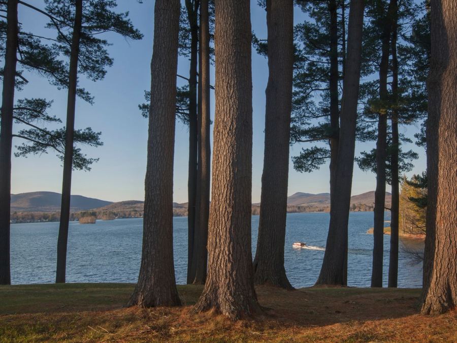 Lago cercado por pinheiros e montanhas nos Berkshires
